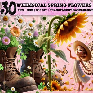 Fleur printanière fantaisiste PNG, clipart fée mignon, art floral cottagecore, sublimation de jardin, bottes rustiques, papillon, conception pour usage Commercial