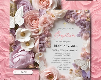 3D Purple Flower Baptism, Girls Baptism Invitation Template, Printable Baptism Invite Instant Download Baby Christening Invitation Baptismal