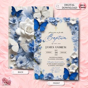 Blue Floral Boy Baptism Invitation Template, Printable Christening Invite, Baby Boy Baptism Card, Baptismal Canva, Instant Download Catholic