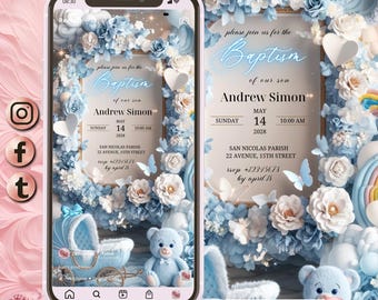 3D Boy Evite Baptism, Boy Invitation Blue Floral Baptism Invitation Electronic Baptism Boy Evite Digital Baptism Invite Evite Canva Template