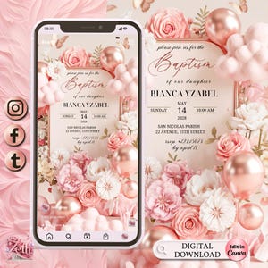 3D Girl Evite Baptism, Girl Invitation, Pink Floral Baptism Invitation Electronic Baptism, Girl Angel Digital Baptism Invite, Canva Template