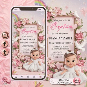 3D Girl Evite Baptism, Girl Invitation, Pink Floral Baptism Invitation Electronic Baptism, Girl Angel Digital Baptism Invite, Canva Template