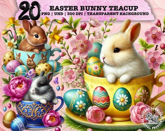 Easter Bunny Clipart, Cute Bunny PNG, Spring Teacup Bunny Sublimation, Easter Egg PNG, Commercial Use Transparent PNG, Tshirt Tumbler Design