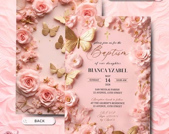 Pink Flower Baptism, Girls Baptism Invitation Template, Printable Baptism Invite, Instant Download, Baby Christening Invitation, Baptismal