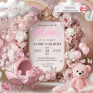 3D Girl Evite Baptism, Girl Invitation, Pink Floral Baptism Invitation Electronic Baptism, Girl Angel Digital Baptism Invite, Canva Template