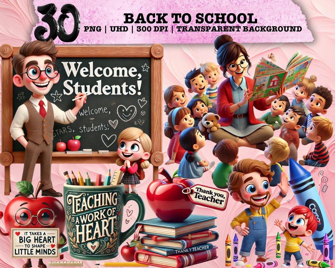 Back to School Clipart, Cute School PNG, Teacher Sublimation Design ...