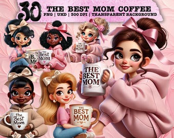 Whimsical Mom Coffee Clipart, Cute Mother PNG, Cozy Coffee Art, Retro Sublimation, Feminine Aesthetic, Hoodie, Bow, Commercial Use Design
