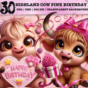 Clipart anniversaire fantaisiste, vache rose PNG, sublimation de fête mignonne, Art des animaux de la ferme, décoration pastel, petite fille, utilisation commerciale