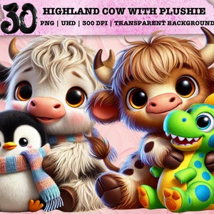 Clipart de vaca de pelúcia excêntrica, bezerro fofo das Terras Altas PNG, sublimação de animais de fazenda, arte para berçário, tema de brinquedo de pelúcia, design para uso comercial