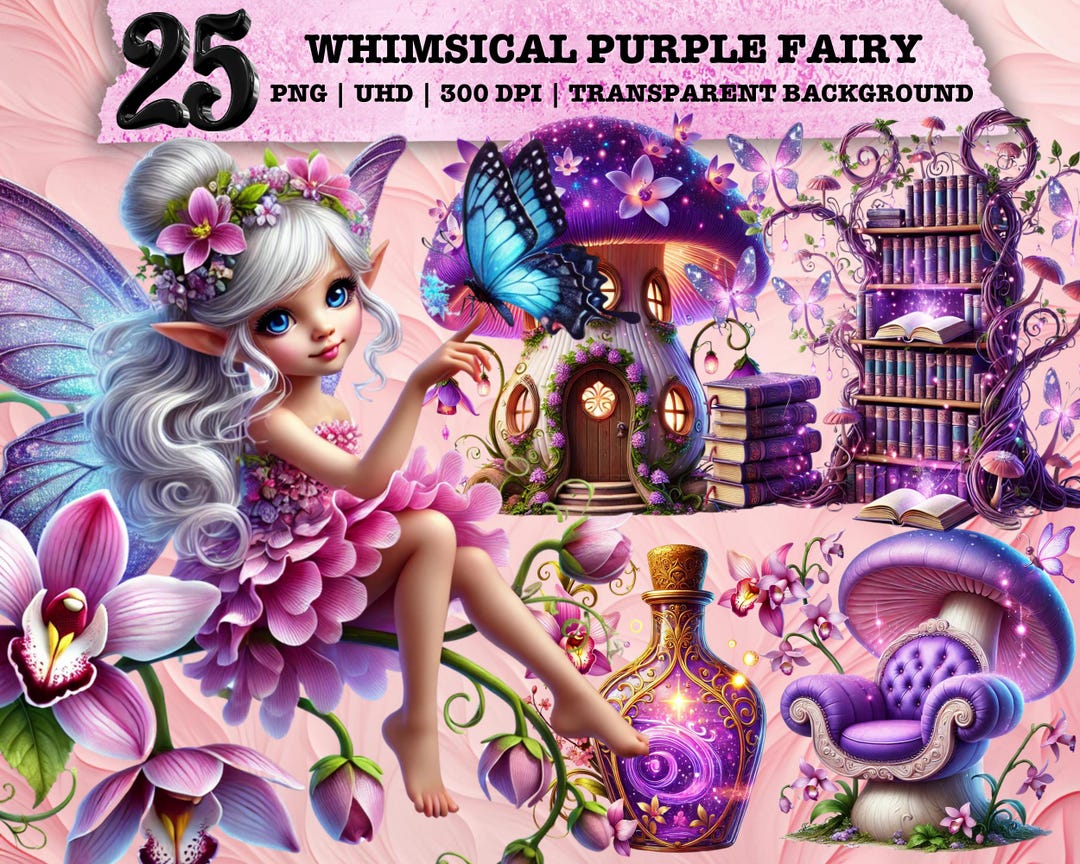 Whimsical Fairy Clipart, Purple Magic PNG, Fantasy Flower Art ...