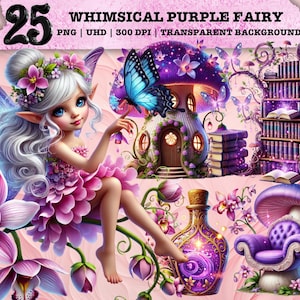 Könnte beinhalten: Digitale Illustration einer skurrilen lila Fee mit silbernem Haar und blauen Augen, umgeben von Fantasy-Elementen. Das Bild enthält ein Pilzhaus, ein Bücherregal, einen lila Stuhl und eine dekorative Flasche. Der Text oben lautet "Whimsical Purple Fairy".