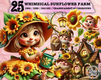 Whimsical Sunflower Clipart, Cute Floral PNG, Farmhouse Flower Art, Rustic Sublimation, Cottagecore Aesthetic, Gnome, Commercial Use Design