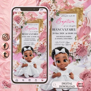 3D Girl Evite Baptism, Girl Invitation, Pink Floral Baptism Invitation Electronic Baptism, Girl Angel Digital Baptism Invite, Canva Template