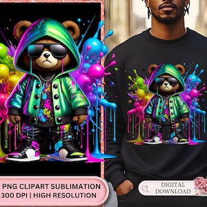 Neon HipHop Teddy Bear svg, PNG Clipart Design, Graffiti HipHop Teddy Bear svg, PNG Clipart for T-Shirts Vibrant Neon Hip Hop Teddy Bear SVG