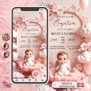3D Girl Evite Baptism, Girl Invitation, Pink Floral Baptism Invitation Electronic Baptism, Girl Angel Digital Baptism Invite, Canva Template