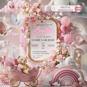 3D Girl Evite Baptism, Girl Invitation, Pink Floral Baptism Invitation Electronic Baptism, Girl Angel Digital Baptism Invite, Canva Template