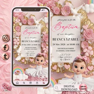 3D Girl Evite Baptism, Girl Invitation, Pink Floral Baptism Invitation Electronic Baptism, Girl Angel Digital Baptism Invite, Canva Template