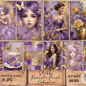 Romantic Purple Junk Journal Kit, Gold Junk Journal Paper, Purple Vintage Junk Journal Printable Page, Digital Collage, Purple Ephemera