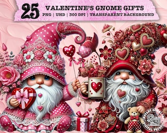 May include: A set of 25 Valentine's Day gnome digital clipart images. The gnomes are wearing red and pink hats with hearts and flowers. They are holding gifts, hearts, and mugs. The background is pink and white.