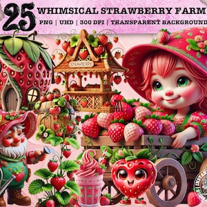 Clipart lunatique de fraise, PNG mignon de baies, art de fruit de ferme, sublimation rustique, esthétique de cottage, gnome, conception d'usage commercial