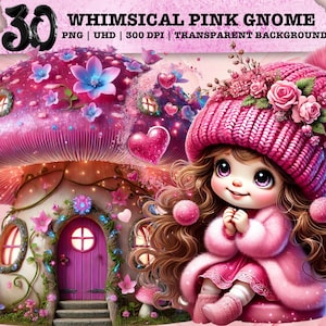 Fantazyjny różowy krasnal PNG, uroczy Cottagecore Clipart, dom z grzybami wróżek, pastelowa sztuka sublimacji, krasnal z dziewczyną fantasy, zastosowanie komercyjne