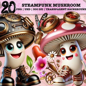 Clipart lunatique de champignon steampunk, PNG de champignon vénéneux mignon, art cottagecore fantastique, sublimation graphique, usage commercial, engrenages rétro