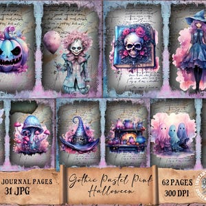 Kit de diário gótico rosa pastel, diário de lixo de Halloween, papel para diário gótico de lixo, página para impressão, folha de colagem digital, itens vintage