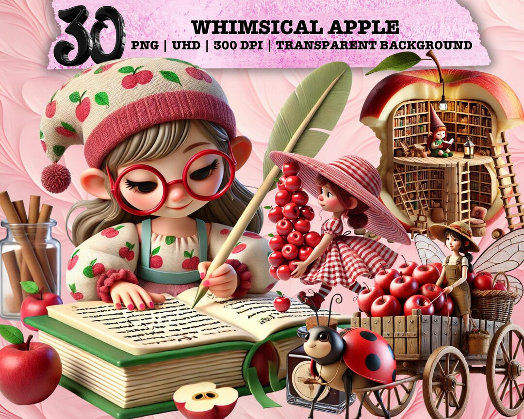 Whimsy Apple Design Whimsical Apple Clipart, Cute Fruit PNG, Farmhouse Orchard Art, Rustic ...