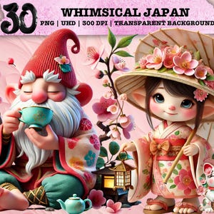 Wunderliche Japan Clipart, niedlicher Gnom PNG, Kimono Tee Kunst, Sakura Sublimation, Kawaii Cottagecore, Laterne, Design für den kommerziellen Gebrauch