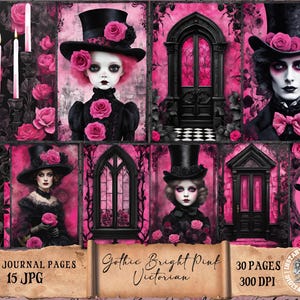 Kit de diário gótico rosa brilhante, diário de lixo de Halloween, papel para diário gótico de lixo, página para impressão, folha de colagem digital, itens vintage
