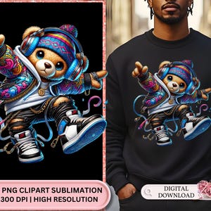 Neon Hip Hop Teddy Bear svg, Hip Hop Teddy Bear svg, PNG Clipart Design, PNG Clipart for T-Shirts, Vibrant Neon Hip Hop Teddy Bear SVG dtf
