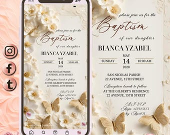 3D Boho Beige Baptism Digital Invitation, Beige Balloons Baptism Phone Invite Template Electronic Baptism Text Evite Phone Invite, Canva
