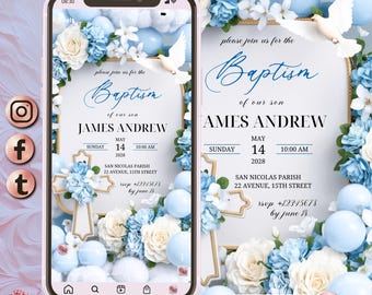 3D Boy Evite Baptism, Boy Invitation Blue Floral Baptism Invitation Electronic Baptism Boy Evite Digital Baptism Invite Evite Canva Template