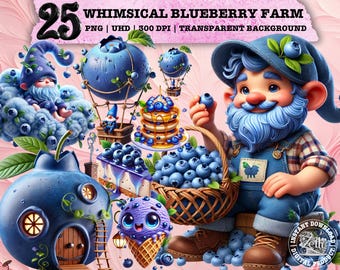Whimsical Blueberry Clipart, Cute Berry PNG, Farmhouse Fruit Art, Rustic Sublimation, Cottagecore Aesthetic, Gnome, Commercial Use Design