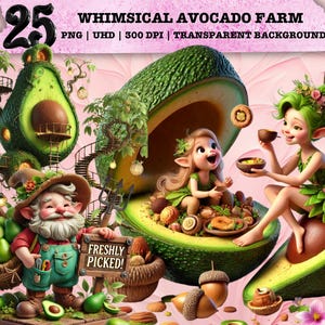 Clipart avocat lunatique, PNG de fruit mignon, art féerique de jardin, sublimation de ferme, nain Cottagecore, fée, utilisation commerciale