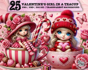 Valentine's Teacup Girl Clipart, Cute PNG, Romantic Valentine's Day Clipart, Love Sublimation, Commercial Use, Tumbler Design, Tshirt Design