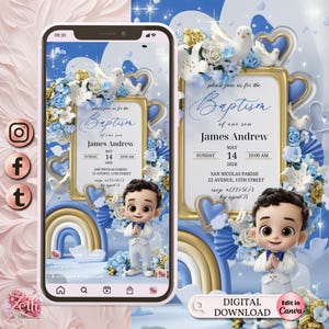 3D Boy Evite Baptism, Boy Invitation Blue Floral Baptism Invitation Electronic Baptism Boy Evite Digital Baptism Invite Evite Canva Template