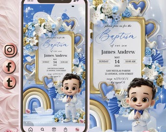 3D Boy Evite Baptism, Boy Invitation Blue Floral Baptism Invitation Electronic Baptism Boy Evite Digital Baptism Invite Evite Canva Template