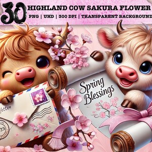 Wunderliche Sakura Kuh Clipart, niedliche Blüte PNG, Bauernhof Tier Frühlingskunst, rustikale Sublimation, Pastell Kawaii Ästhetik, kommerzielles Design