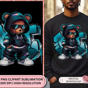 Neon Hip Hop Teddy Bear svg, Hip Hop Teddy Bear svg, PNG Clipart Design, PNG Clipart for T-Shirts, Vibrant Neon Hip Hop Teddy Bear SVG dtf