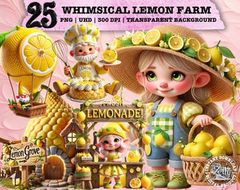 Whimsical Lemon Clipart, Cute Citrus PNG, Farmhouse Fruit Art, Rustic Sublimation, Cottagecore Aesthetic, Gnome Fairy, Commercial Use Design