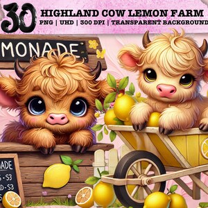 Grillige citroen koe clipart, schattige fruitboerderij PNG, Highland Cow Art, rustieke sublimatie, Cottagecore esthetiek, schattige babykoe, commercieel gebruik