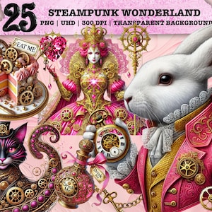 May include: A set of 25 digital illustrations featuring a steampunk wonderland theme. The illustrations include a white rabbit wearing a pink and gold waistcoat, a queen in a pink and gold dress, a black cat with gears, a cake with gears, and a bottle with gears. The illustrations are in PNG format and have a transparent background.