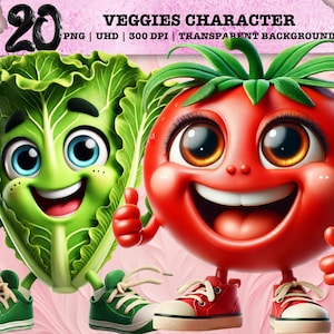 Clipart lunatique personnage végétarien, PNG de légume mignon, art culinaire pour enfants, sublimation drôle, produits de la ferme kawaii, utilisation commerciale