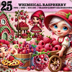 Clipart lunatique de framboise, PNG mignon de baie, art de fruit de ferme, sublimation rustique, esthétique de cottage, gnome, conception d'usage commercial