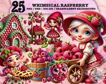 Whimsical Raspberry Clipart, Cute Berry PNG, Farmhouse Fruit Art, Rustic Sublimation, Cottagecore Aesthetic, Gnome, Commercial Use Design