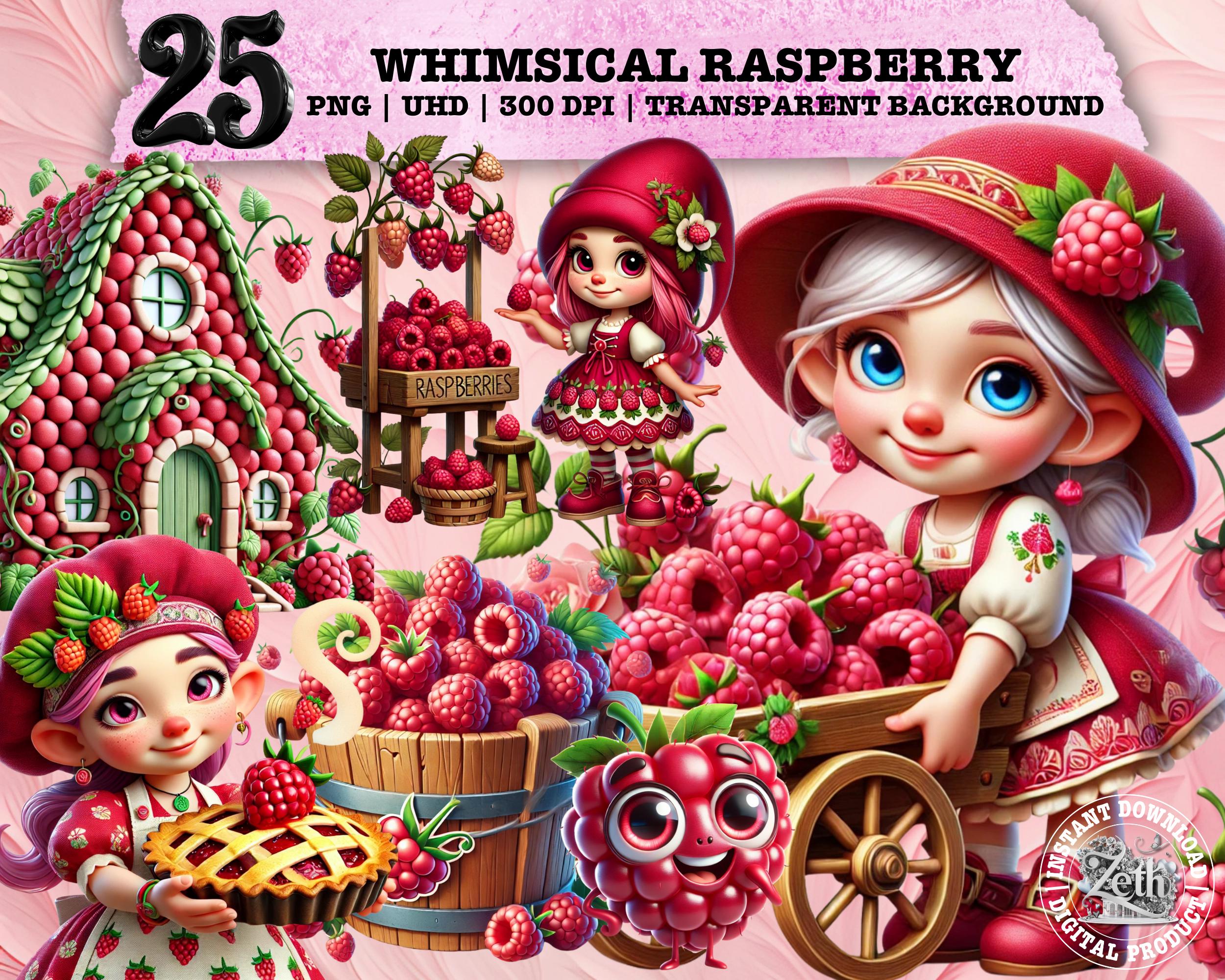 Whimsical Raspberry Clipart, Cute Berry PNG, Farmhouse Fruit Art ...