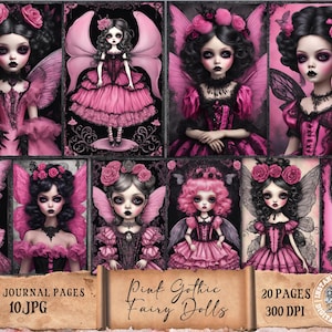 Kit diario di spazzatura con bambola fata gotica rosa Carta per diario di spazzatura di Halloween Pagina stampabile di diario di spazzatura gotico Foglio di collage digitale Ephemera di bambola