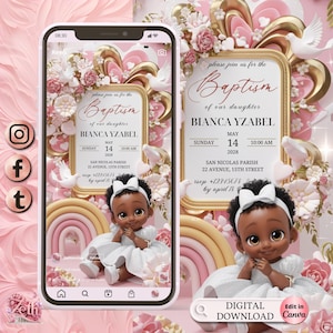 3D Girl Evite Baptism, Girl Invitation, Pink Floral Baptism Invitation Electronic Baptism, Girl Angel Digital Baptism Invite, Canva Template