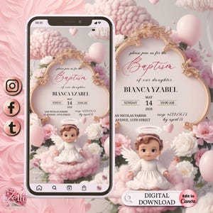 3D meisje Evite doop, meisje uitnodiging, roze bloemen doop uitnodiging elektronische doop, meisje engel digitale doop uitnodigen, Canva sjabloon